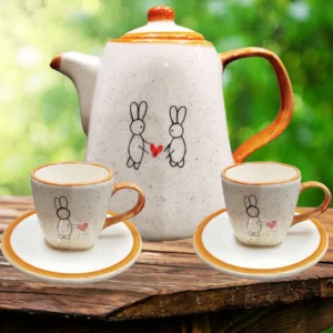 Kit de Chá ou Café 1 Chaleira + 2 Xícaras para chá ou café Decorado Coelho da Páscoa Cerâmica