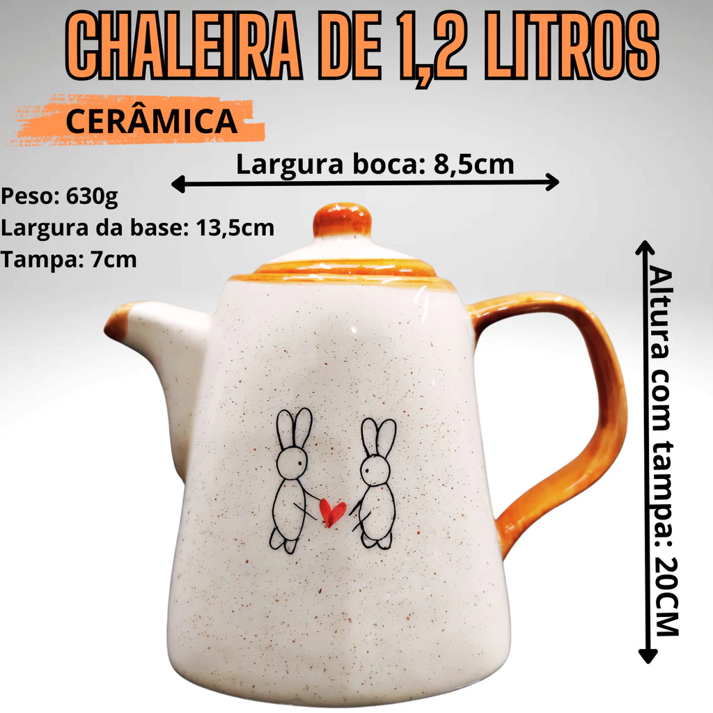 Kit de Chá ou Café 1 Chaleira + 2 Xícaras para chá ou café Decorado Coelho da Páscoa Cerâmica - Imagem 3