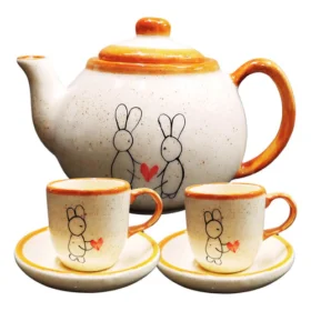Chaleira Bule Esmaltado 600ml com 2 xícaras 75ml em Ceramica Coelho Páscoa