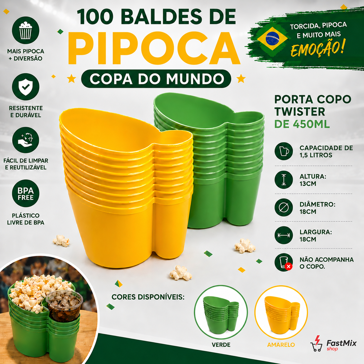 Kit 100 Balde De Pipoca Patriota Copa Do Mundo Verde Amarelo